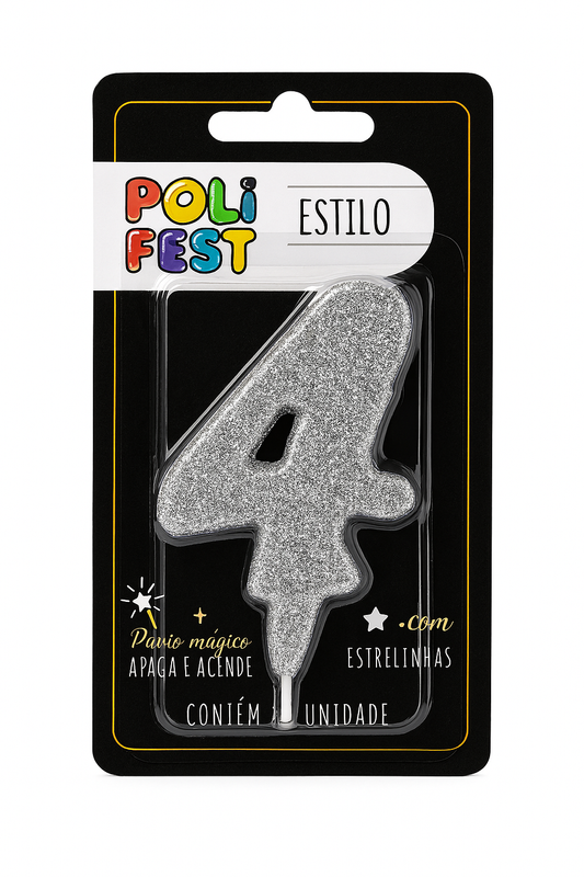 Vela de Aniversário Número 4 Glitter Poli Fest