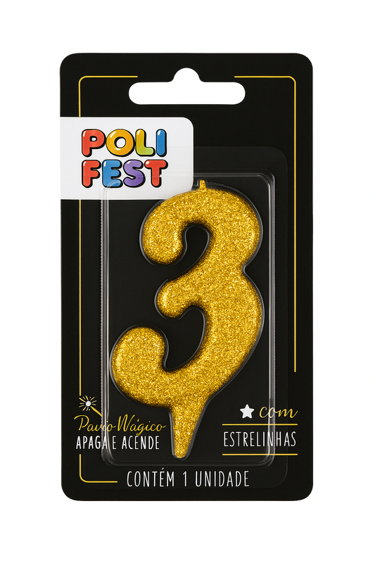 Vela de Aniversário Número 3 com Glitter Poli Fest