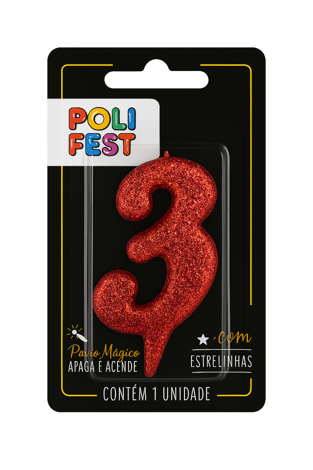 Vela de Aniversário Número 3 com Glitter Poli Fest