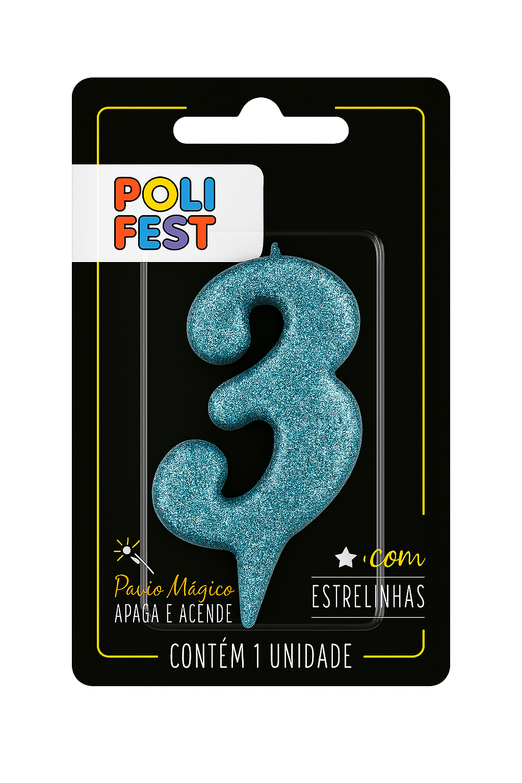 Vela de Aniversário Número 3 com Glitter Poli Fest