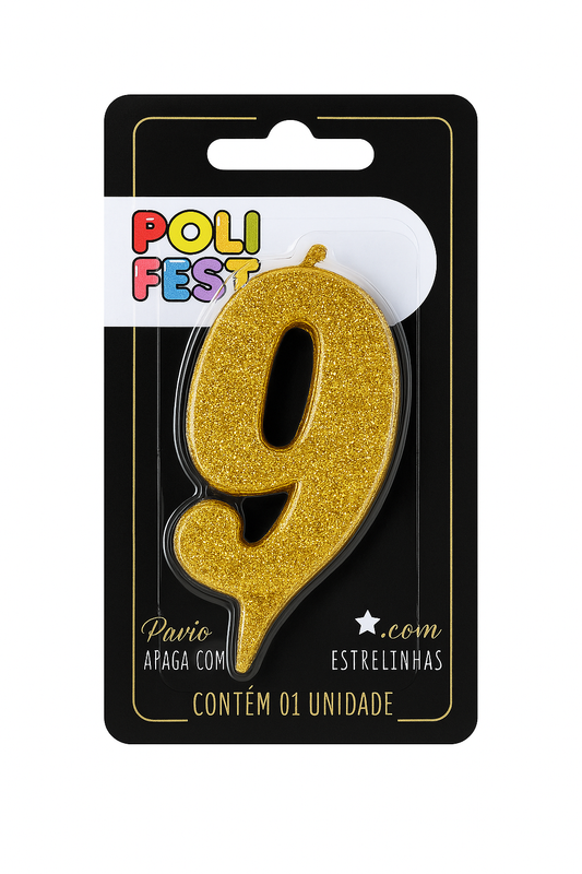 Vela de Aniversário Número 9 Glitter Poli Fest