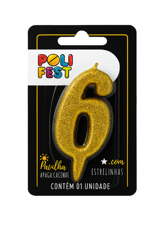 Vela de Aniversário Número 6 Glitter Poli Fest