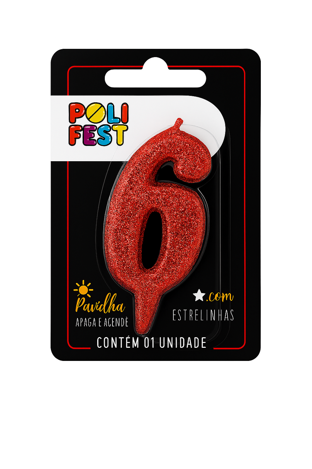 Vela de Aniversário Número 6 Glitter Poli Fest