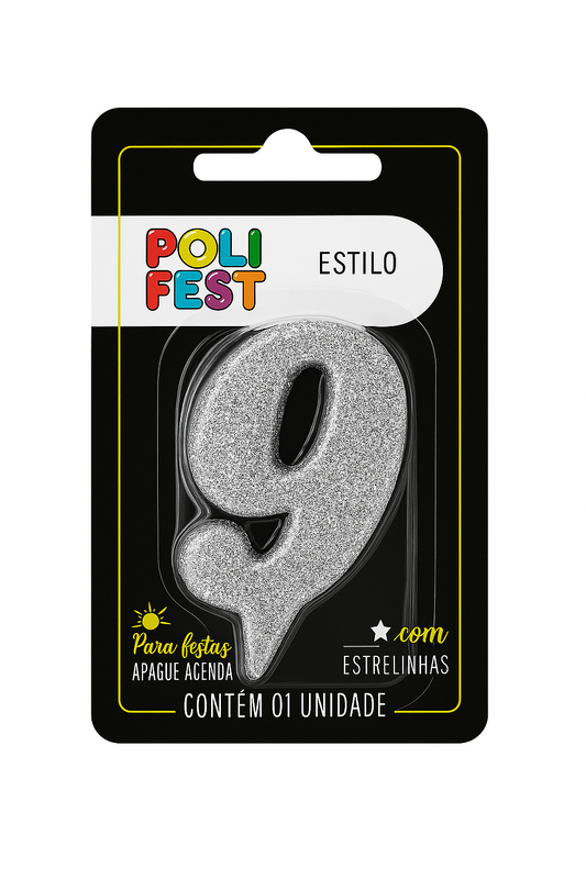 Vela de Aniversário Número 9 Glitter Poli Fest