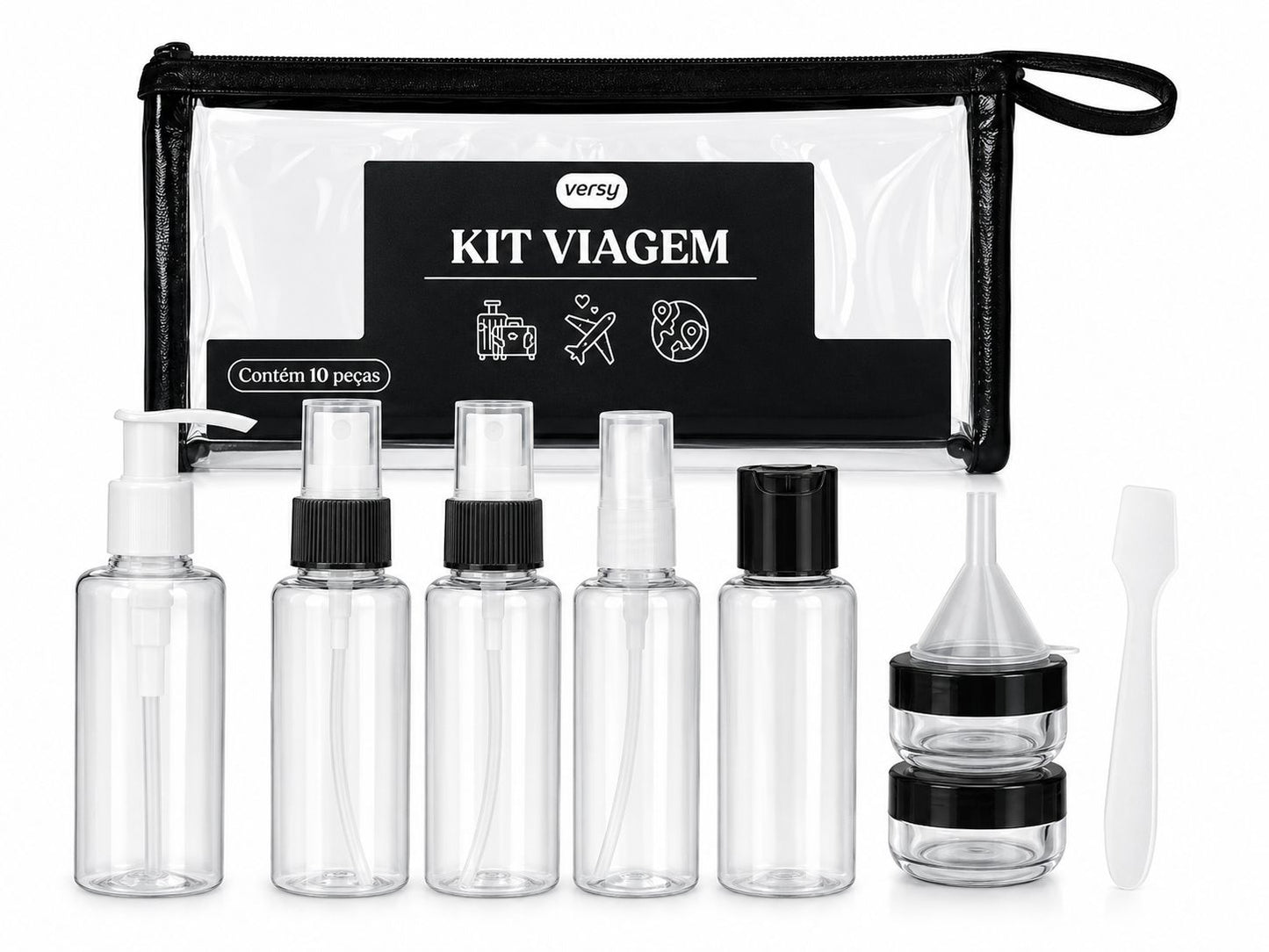 Kit Viagem Versy 10 Peças com Frascos Reutilizáveis e Necessaire Transparente para Cosméticos