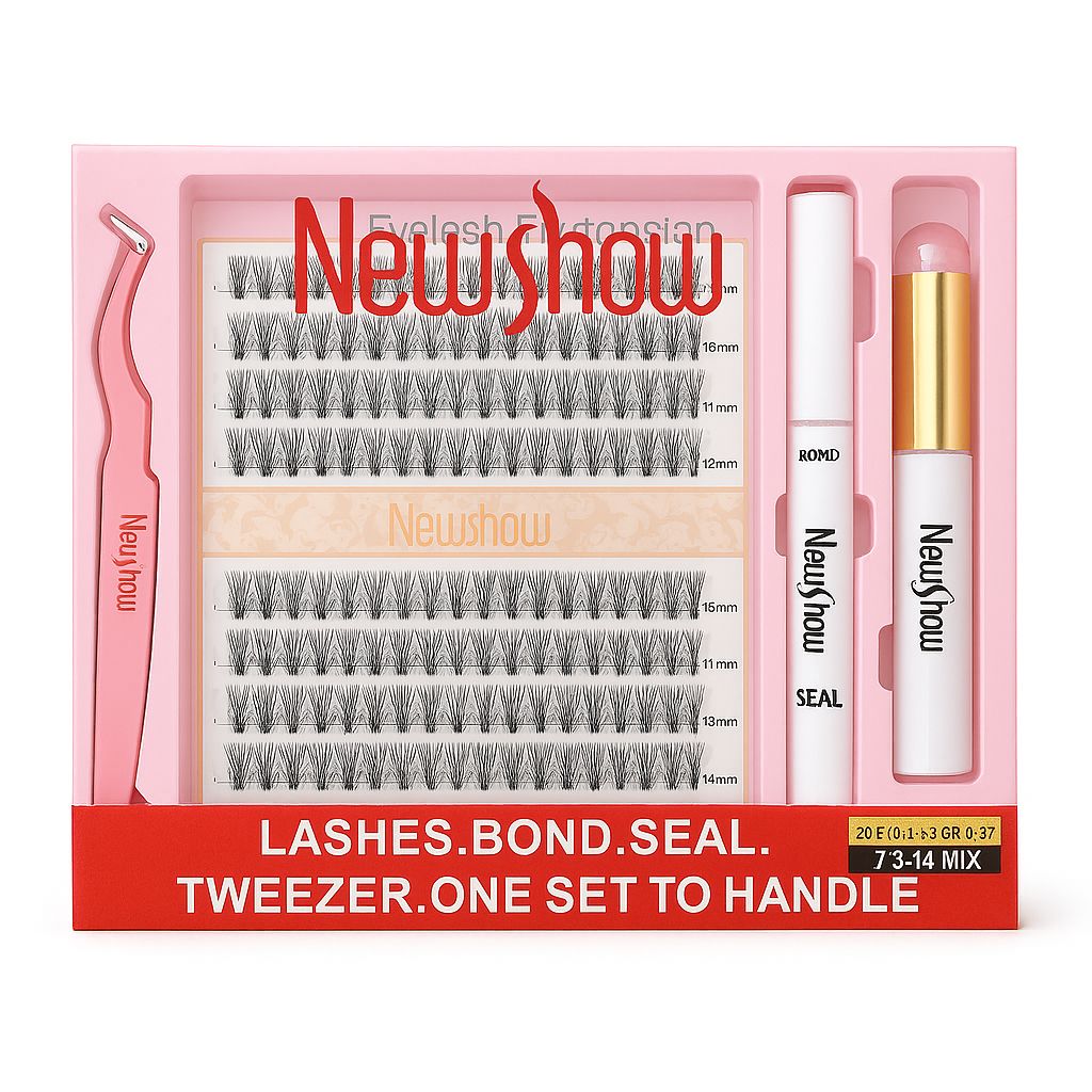 Kit Extensão de Cílios NewShow Completo com Cola Bond, Selante Seal e Pinça (Mix 7–14mm)