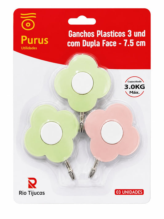 Kit Ganchos Adesivos Plásticos com Dupla Face 7,5cm 3 Unidades Purus Utilidades