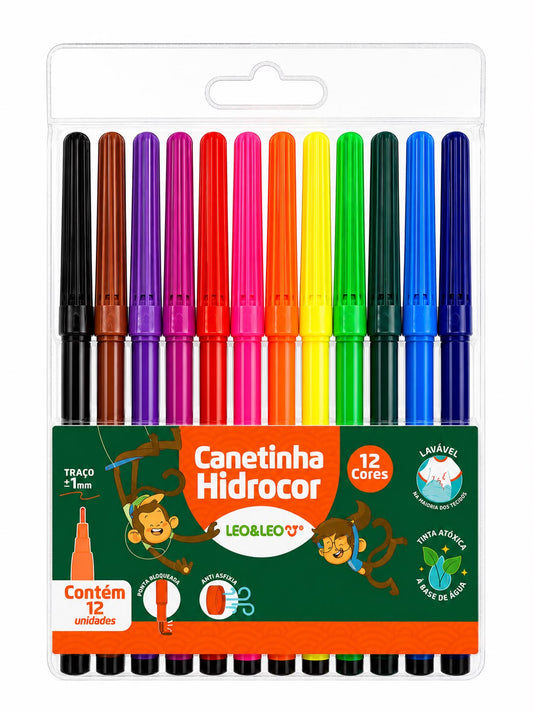 Canetinha Hidrocor Leo&Leo 12 Cores Lavável com Tinta Atóxica