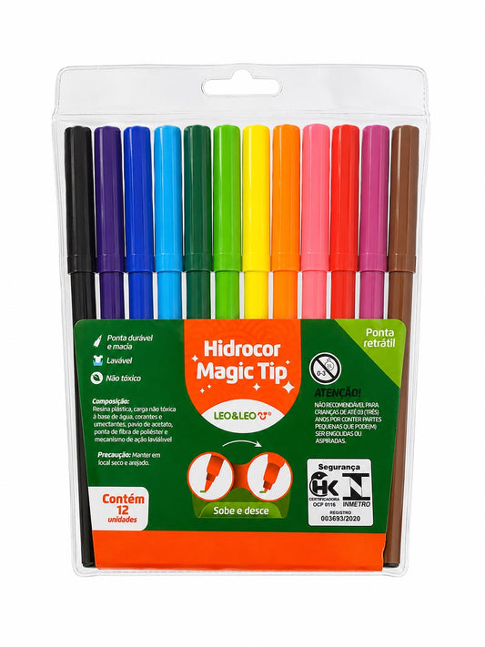 Canetinha Hidrocor Magic Tip Leo&Leo 12 Cores Retrátil Lavável