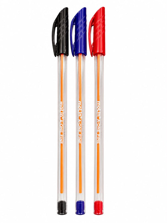 Kit Caneta Esferográfica Molin A-One Fine 1.0mm Azul Vermelha Preta com 3 Unidades