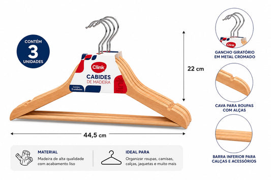 Kit com 3 Cabides de Madeira Premium Clink
