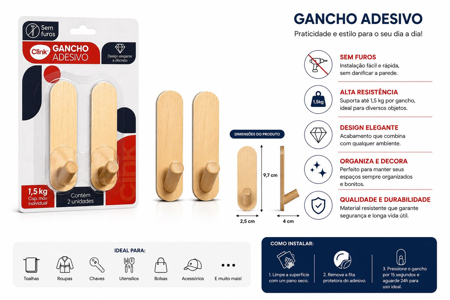Gancho Adesivo de Madeira Clink Alta Resistência 1,5kg Kit com 2 Unidades