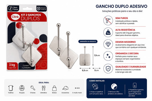 Kit com 2 Ganchos Duplos Adesivos em Aço Inox Clink 3kg Sem Furos