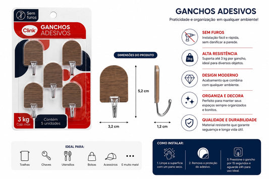 Kit com 5 Ganchos Adesivos Decorativos Clink 3kg Efeito Madeira