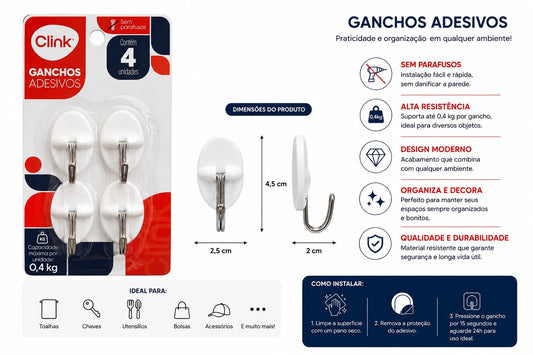 Kit com 4 Ganchos Adesivos Brancos Clink 0,4kg Sem Parafusos