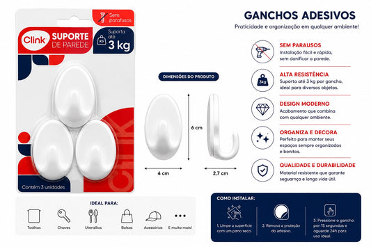 Kit com 3 Ganchos Adesivos de Parede Clink 3kg Sem Parafusos