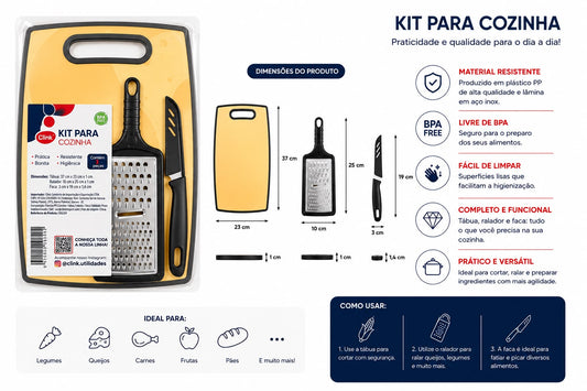 Kit para Cozinha Clink com Tábua de Corte, Ralador e Faca 3 Peças