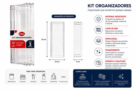 Kit Organizador Transparente Clink Empilhável BPA Free com 3 Unidades