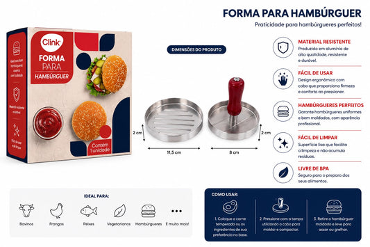 Forma para Hambúrguer em Alumínio com Prensa Manual Clink