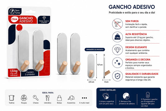 Gancho Adesivo em Aço Inox com Suporte de Madeira Clink Alta Resistência 1,5kg Kit com 2 Unidades