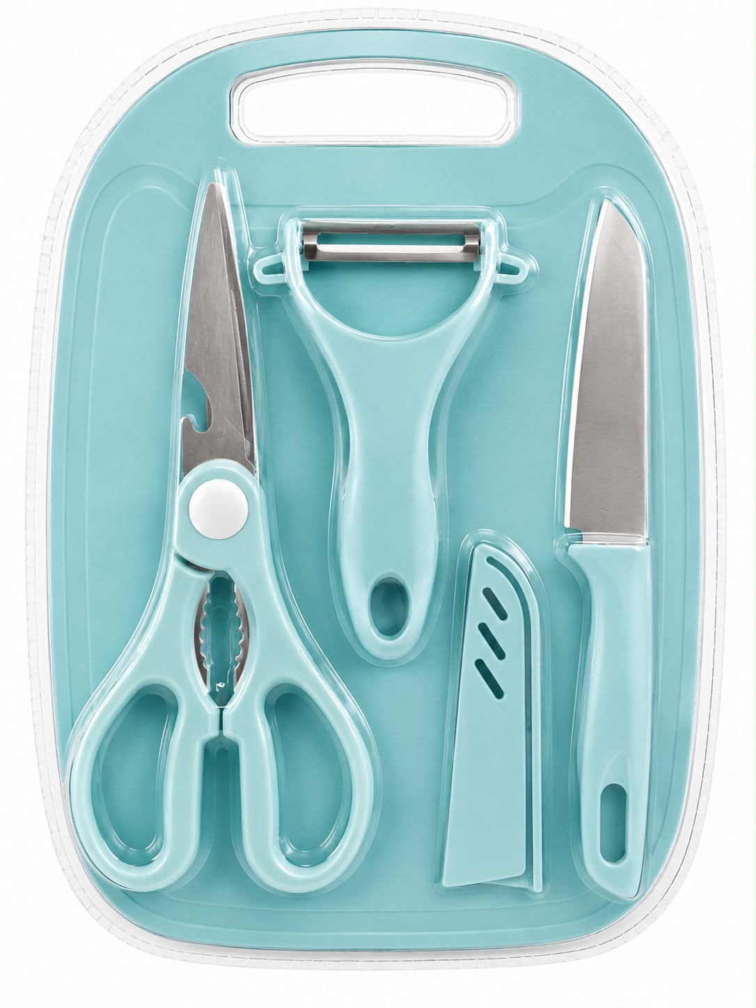 Kit de Cozinha com Tábua de Corte, Faca, Tesoura e Descascador - 4 Peças
