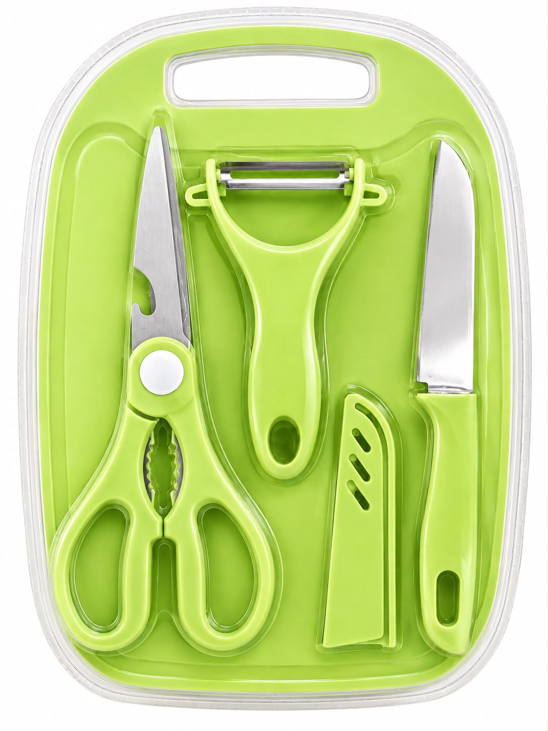 Kit de Cozinha com Tábua de Corte, Faca, Tesoura e Descascador - 4 Peças