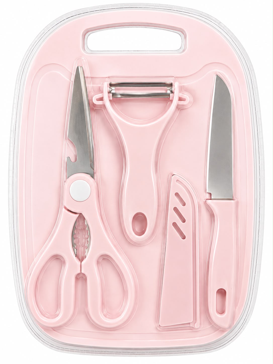 Kit de Cozinha com Tábua de Corte, Faca, Tesoura e Descascador - 4 Peças