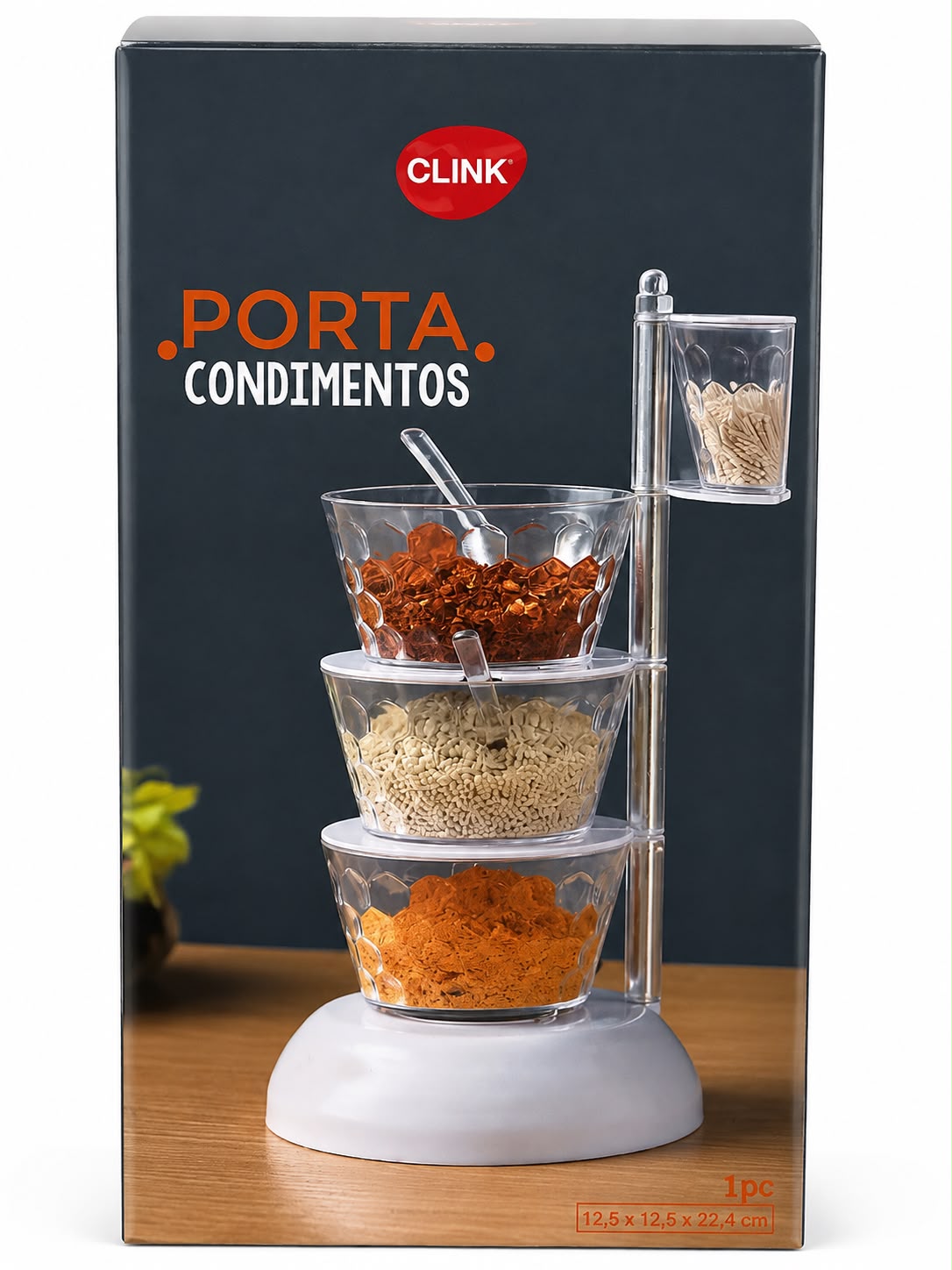 Porta Condimentos Clink Organizador para Temperos com 3 Potes e Suporte 12,5 x 12,5 x 22,4 cm