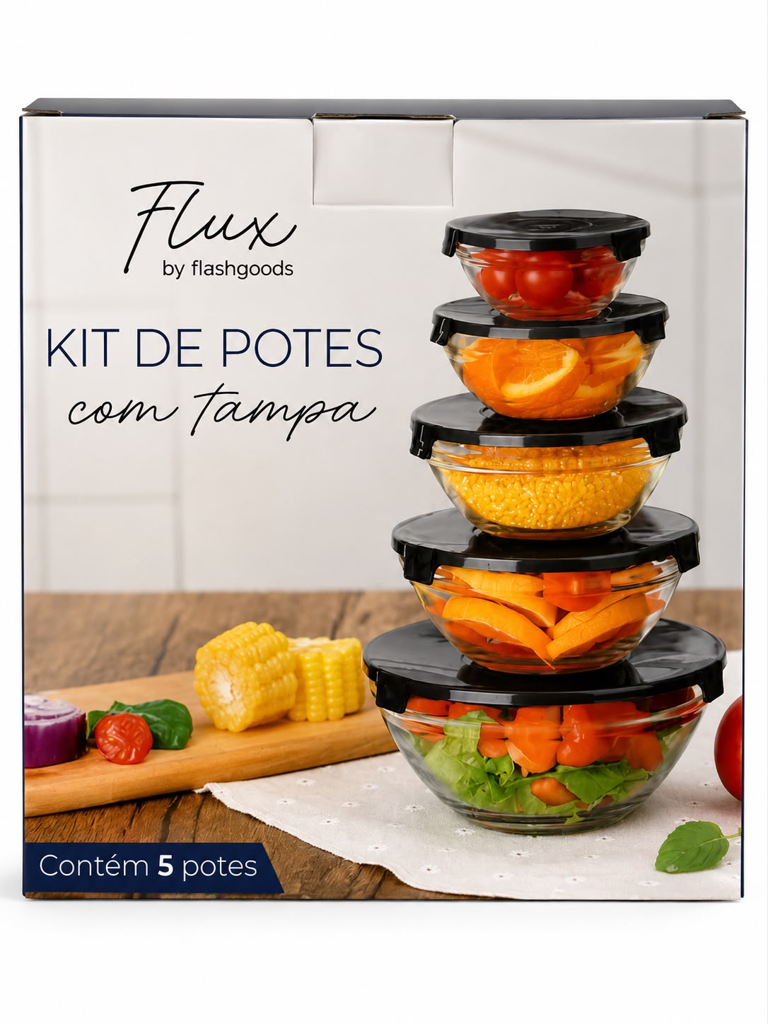 Kit de Potes de Vidro com Tampa 5 Peças