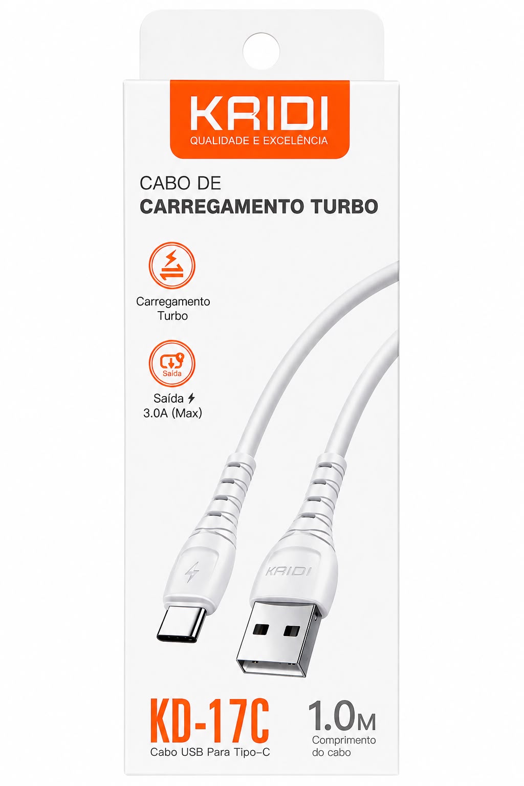 Cabo USB para Tipo-C Kaidi KD-17C 1 Metro Carregamento Turbo 3.0A