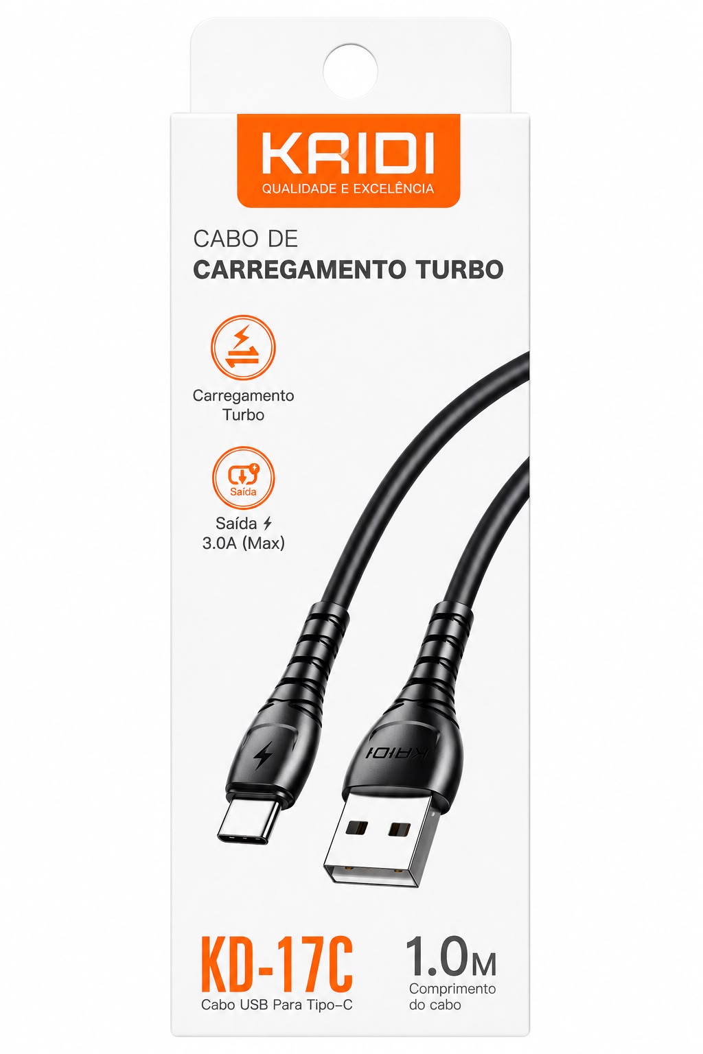 Cabo USB para Tipo-C Kaidi KD-17C 1 Metro Carregamento Turbo 3.0A