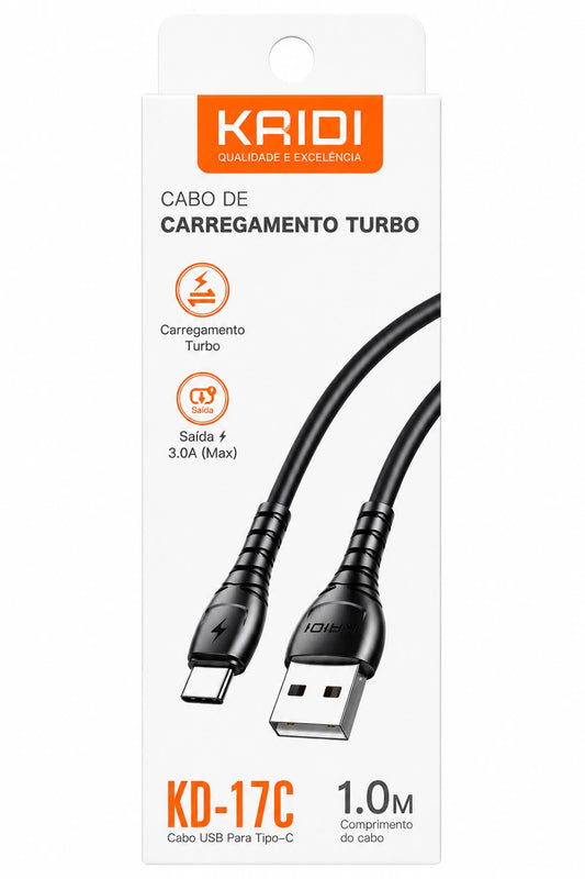 Cabo USB para Tipo-C Kaidi KD-17C 1 Metro Carregamento Turbo 3.0A
