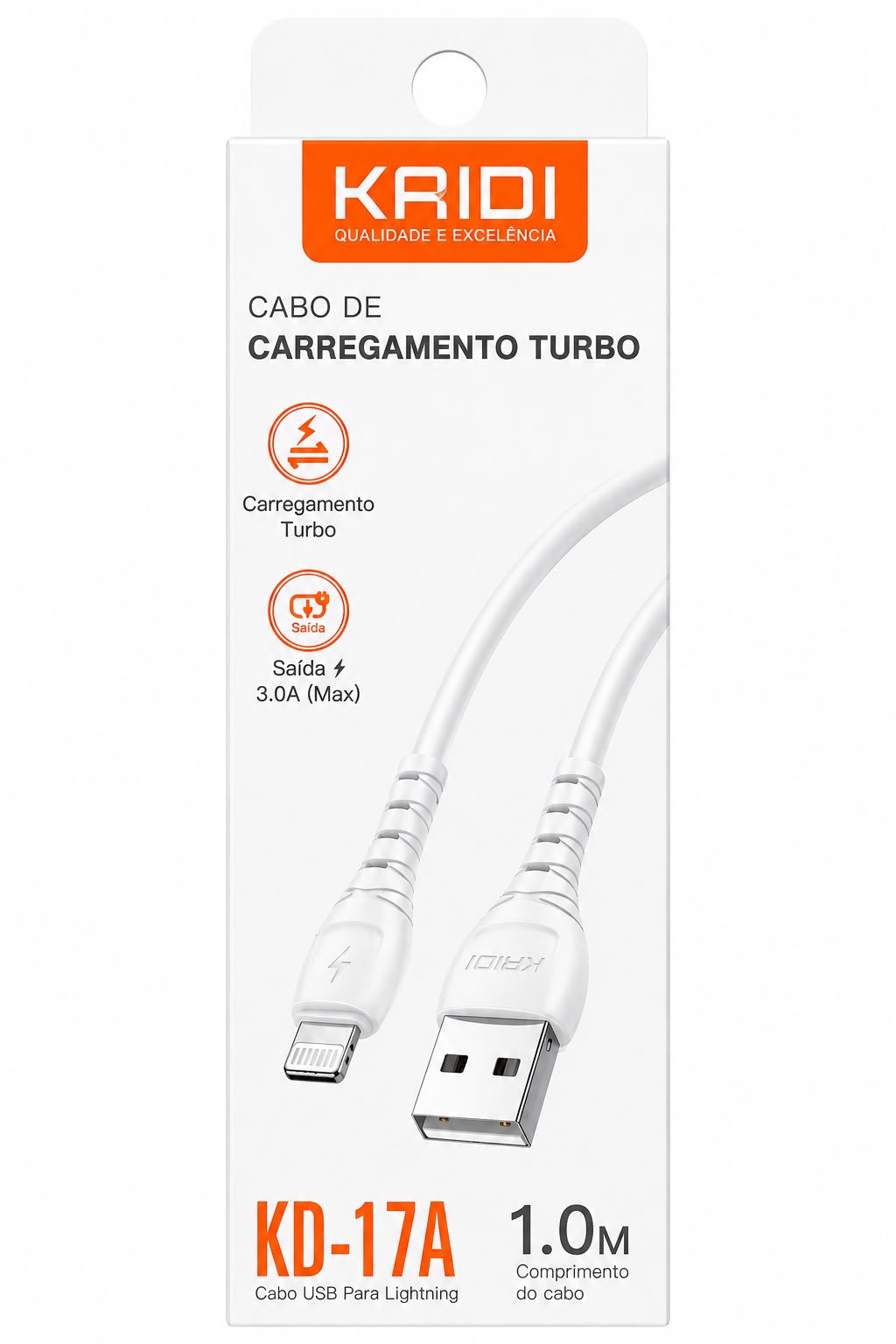 Cabo USB para Lightning Kaidi KD-17A 1 Metro Carregamento Turbo 3.0A para iPhone