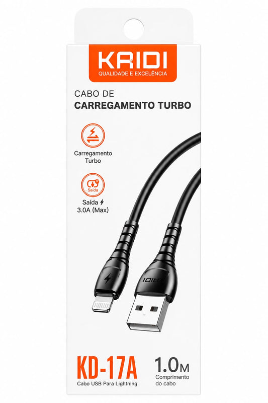 Cabo USB para Lightning Kaidi KD-17A 1 Metro Carregamento Turbo 3.0A para iPhone