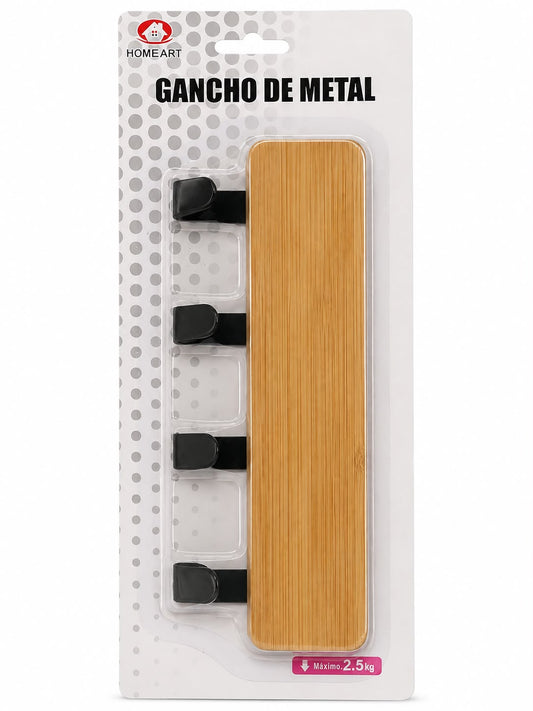 Gancho de Metal Home Art com Base Decorativa Tipo Madeira | Suporte Multiuso Adesivo