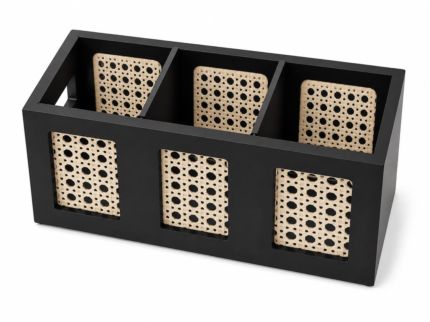 Organizador de Mesa com 3 Compartimentos Preto e Detalhes em Fibra Natural