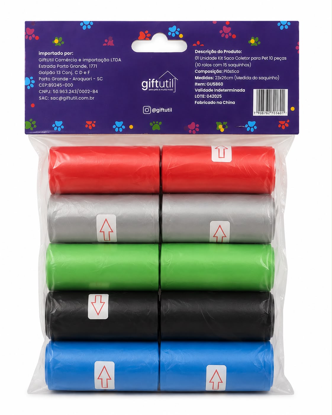 Kit Refil Saco Coletor Higiênico para Pet com 10 Rolos e 150 Saquinhos Coloridos