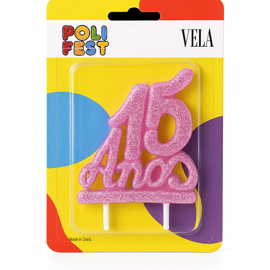 Vela Decorativa de Aniversário 15 Anos com Glitter Poli Fest